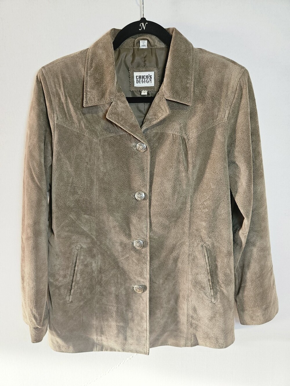 Chico's Design Genuine Suede Leather Button Up Jacket Blazer Taupe Size 1 (M)